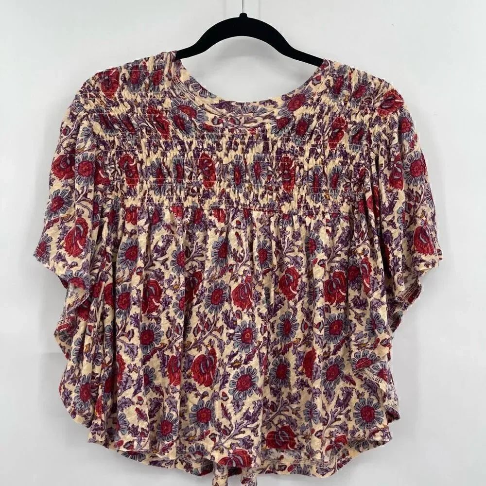 Free People Peach Combo Elastic Floral Ruffled-Up Cropped Silhouette Top Small